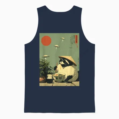 Funny Vintage Japanese Raccoon Ramen Ufo Alien Space Noodles Unisex Tank Top - Navy