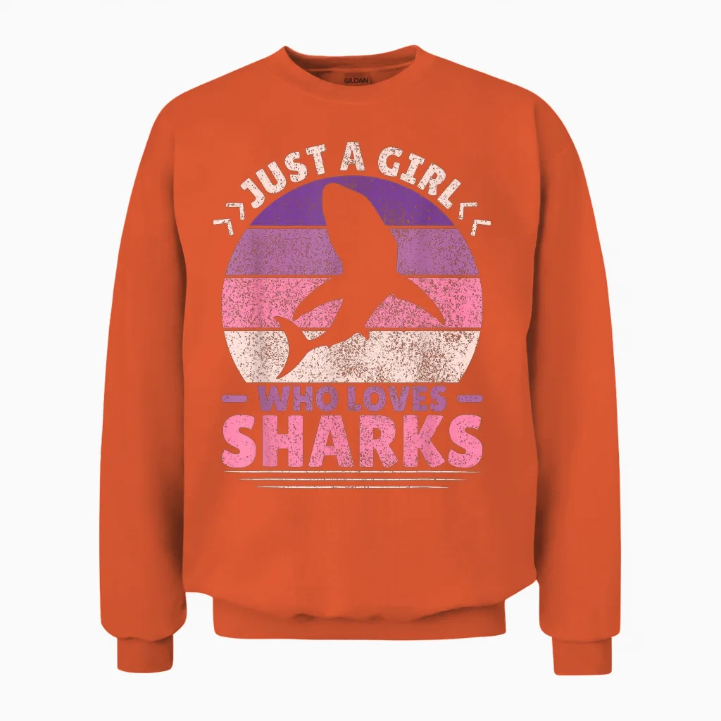 Just a Girl Who Loves Sharks Lover Shark Stuff Funny Shark Unisex Sweatshirt in Orange