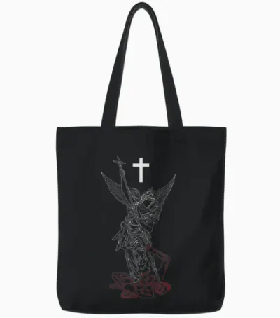 Saint Michael the Archangel Defeating Satan Warrior Faith Tote Bags - Black