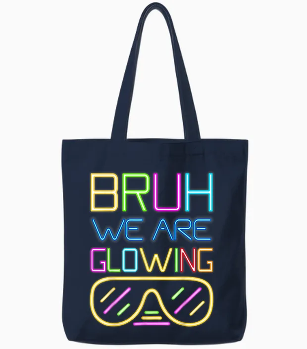 Retro Bruh We Are Glowing in My Glowing Era Colorful Tote Bags in Navy
