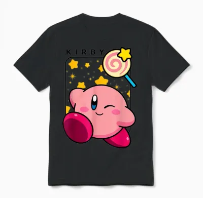 Kirby Lollipop & Stars Big Cute Nintendo Portrait Unisex T-Shirt - Black