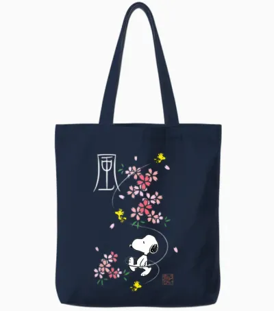 Peanuts Snoopy & Woodstock Japanese Cherry Blossoms T-Shirt, Blue, S Tote Bags - Navy
