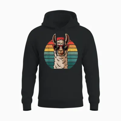 Retro Style Alpaca with Sunglasses Funny Animal Cool Llama T-Shirt, Black Unisex Hoodie - Black