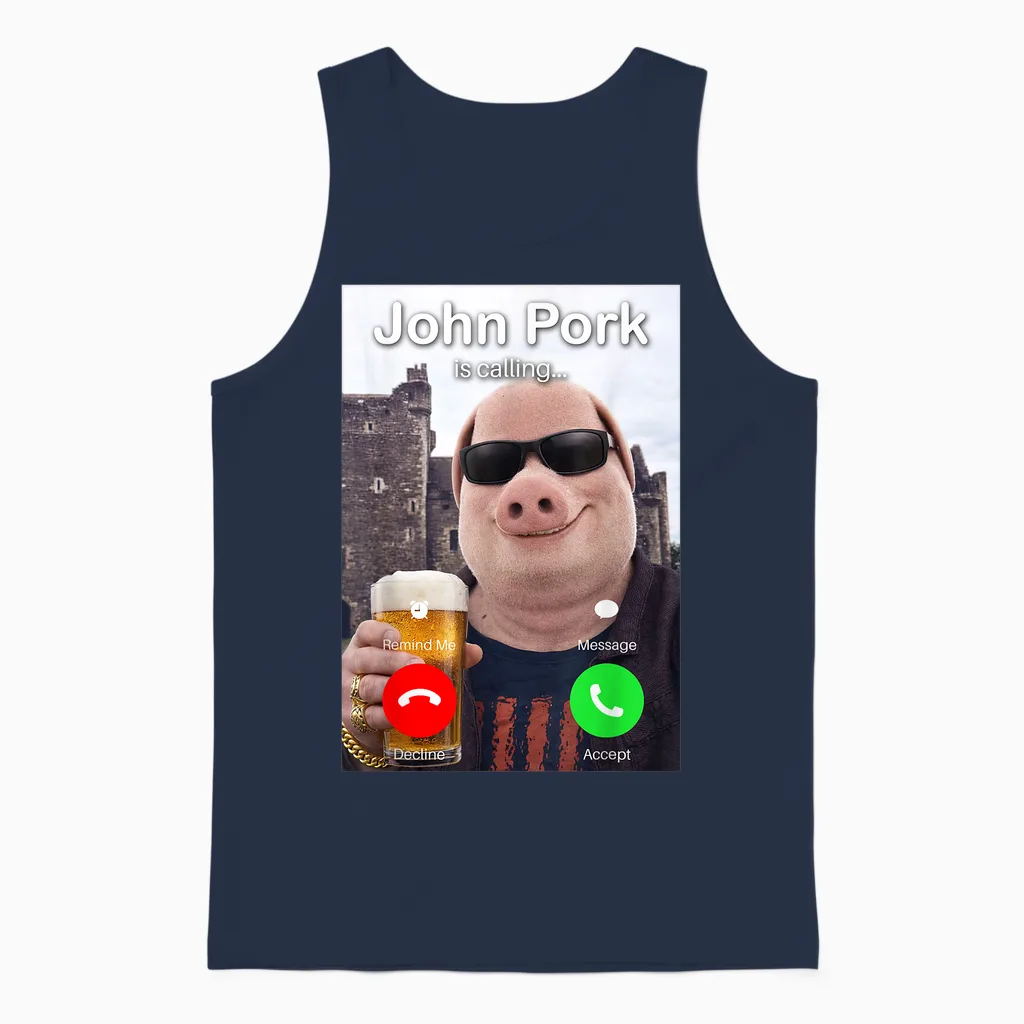 Funny Beer Day John Pork Is Calling Meme Unisex Tank Top in Navy