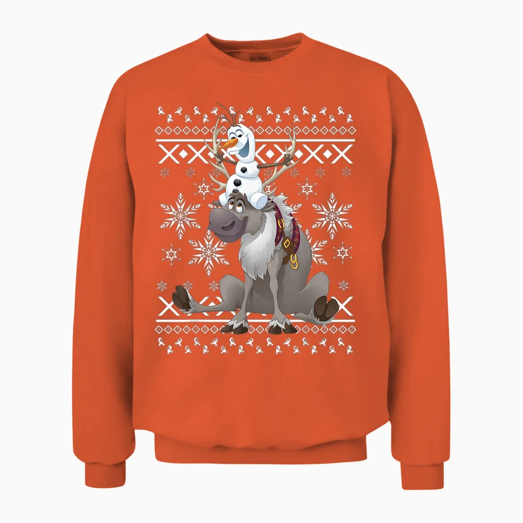 Disney Frozen Olaf Sven Riding Antlers Ugly Unisex Sweatshirt in Orange