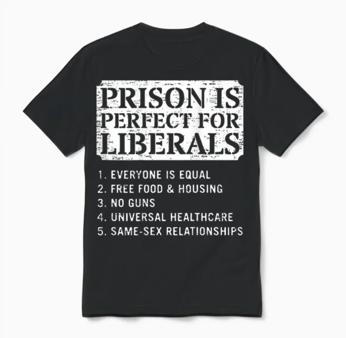 (on Back) Prison Is Perfect for Liberals Anti Liberal Quote Unisex T-Shirt in Black