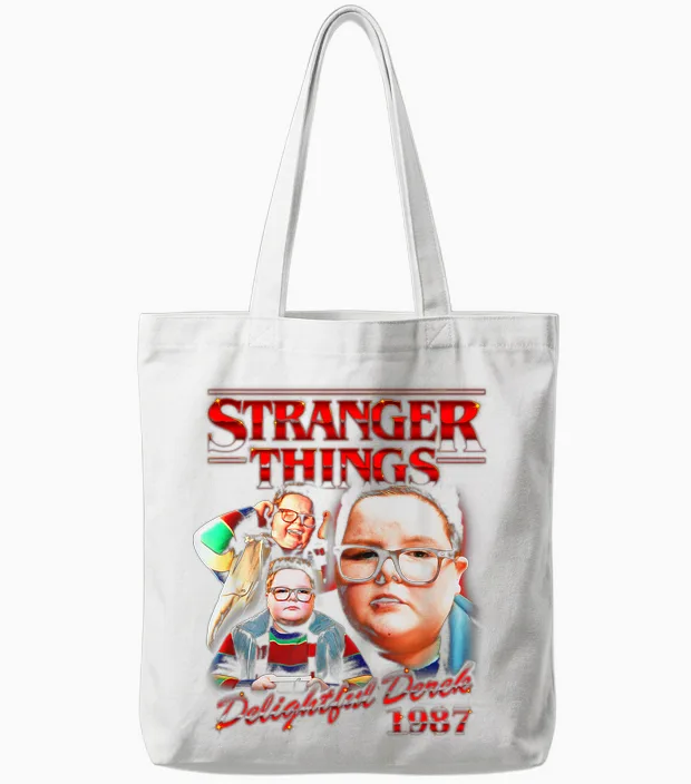 Stranger Things Delightful Derek 1987 Collage Montage Style Tote Bags in White