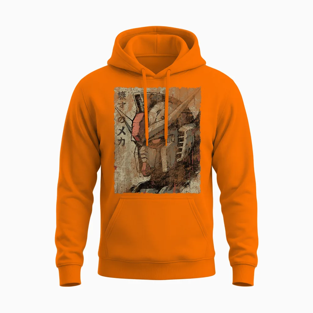 Vintage Mecha Robot Japanese Anime Style Retro Unisex Hoodie in Safety Orange