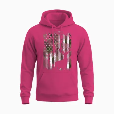 Camo Us Flag Deer Elk Buck Camoflage Hunting Hunter Dad Gift Short Sleeve Unisex Hoodie - Heliconia