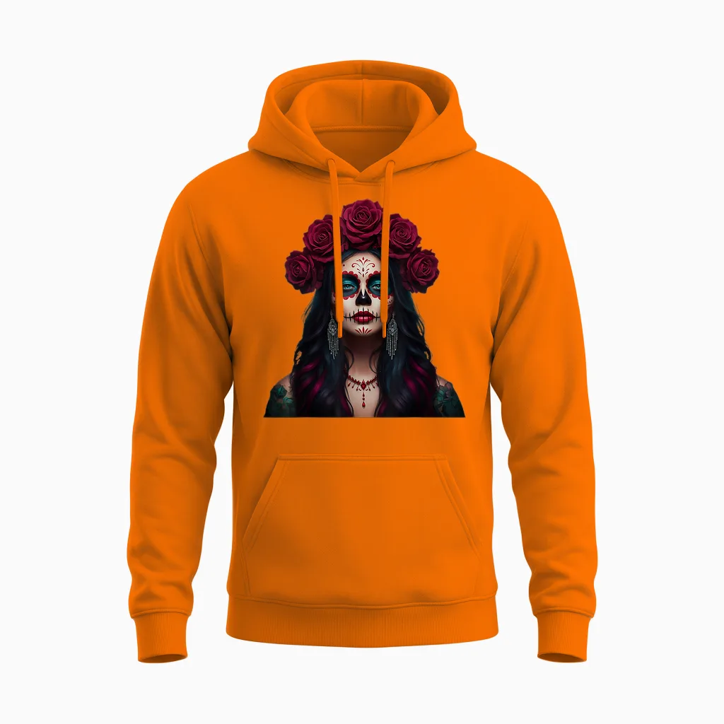 Dia -De-Los Muertos Graphic Funny Mexican Mickey Skulls T-Shirt, Black, S Unisex Hoodie in Safety Orange