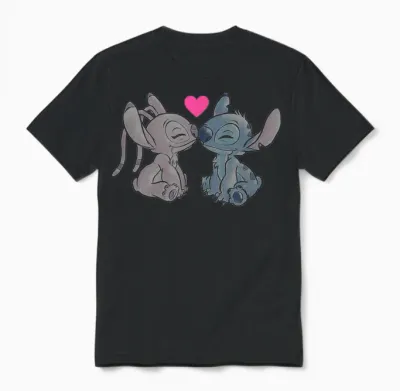 Disney Lilo & Stitch Valentine's Day Stitch & Angel Couple T-Shirt, White, S Unisex T-Shirt - Black