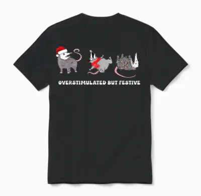 Funny Santa Opossums Overstimulated but Festive Xmas Lights Unisex T-Shirt - Black