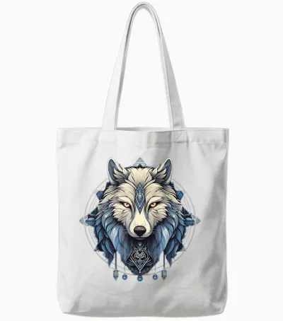 Mystical Spiritual Wolf with Celtic Symbol Daagath Tote Bags - White