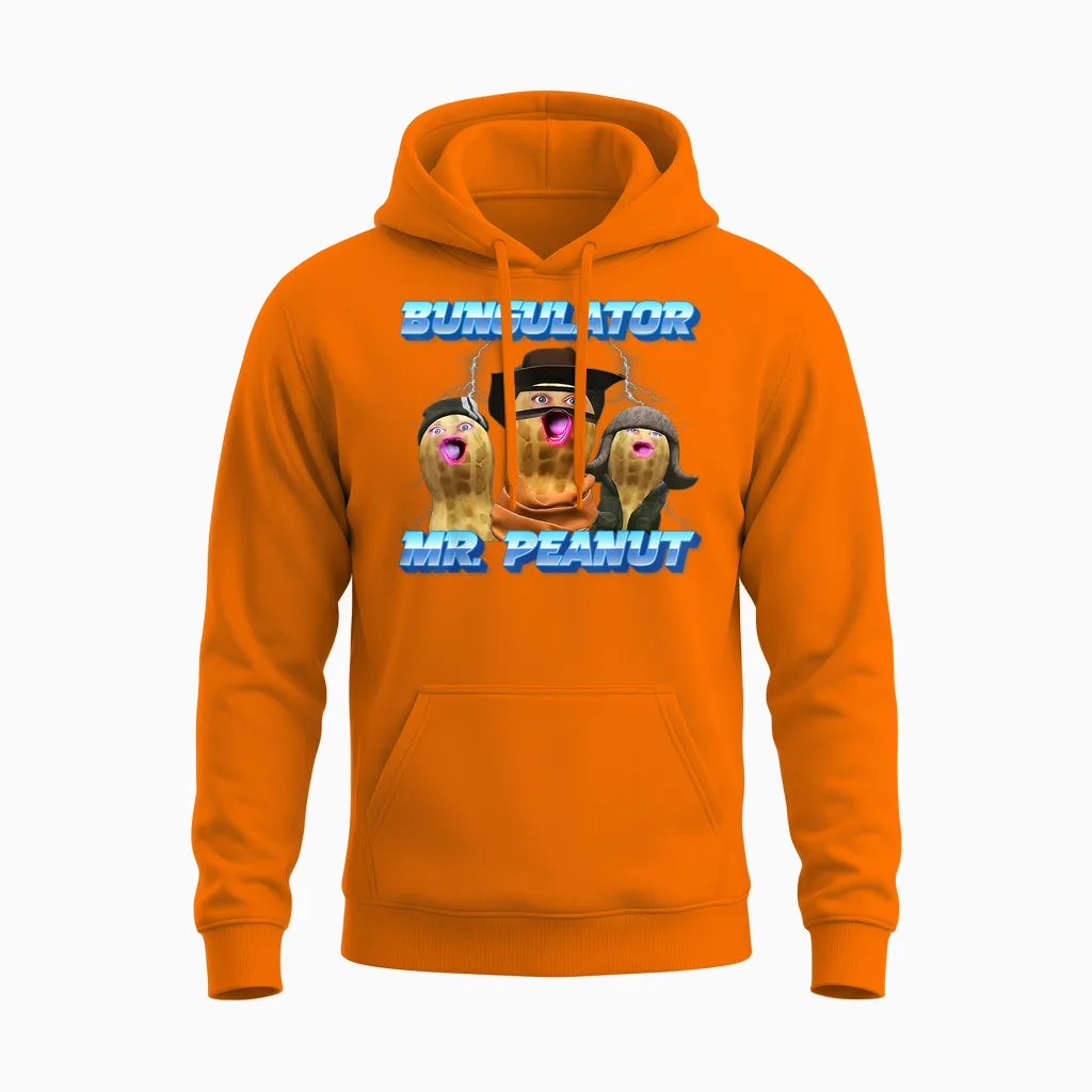 The Burnt Peanut Funny Goop Mr. Peanut Bungulator Unisex Hoodie in Safety Orange