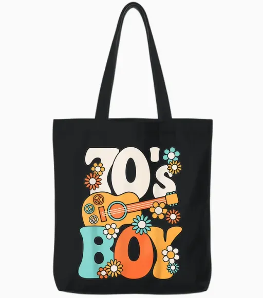 Mens Boys Retro 70s Hippie Costume T-Shirt, Black, S Tote Bags - Black