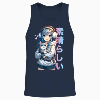 Cute Anime Girl with Cat for Cat Lover Kawaii Otaku Manga T-Shirt, Black Unisex Tank Top - Navy