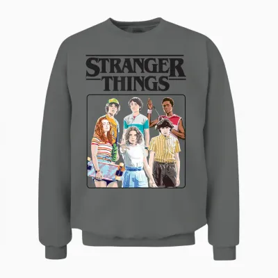 Stranger Things Vintage Eighties Retro Group Shot Title Logo Unisex Sweatshirt - Graphite Heather