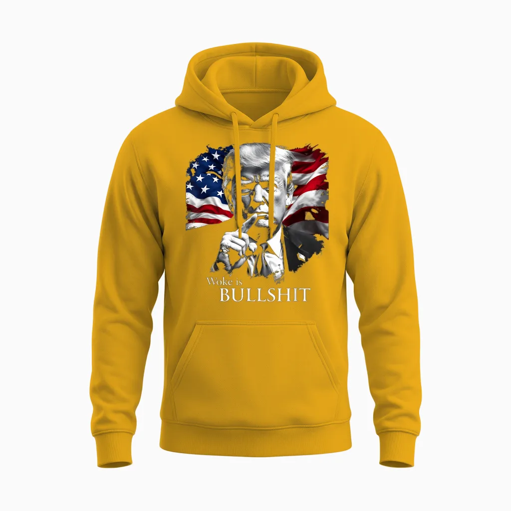 Donald Trump Anti Woke Woke Is Bullshit Political Humour T-Shirt, Black, S Unisex Hoodie in Gold