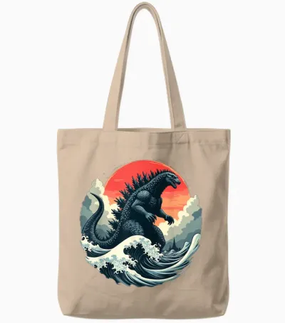 Vintage Japanese Kaiju Monster the Great Wave off Kanagawa Tote Bags - Natural