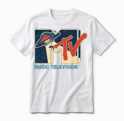 Mademark X Mtv - Mtv Logo Alien Ufo Space Ship Teleporting Beam in Space Mtv Unisex T-Shirt - White