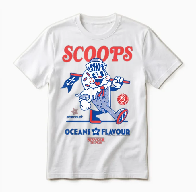 Stranger Things Scoops Ahoy Ice Cream Shop in Red/blue T-Shirt, White Unisex T-Shirt in White