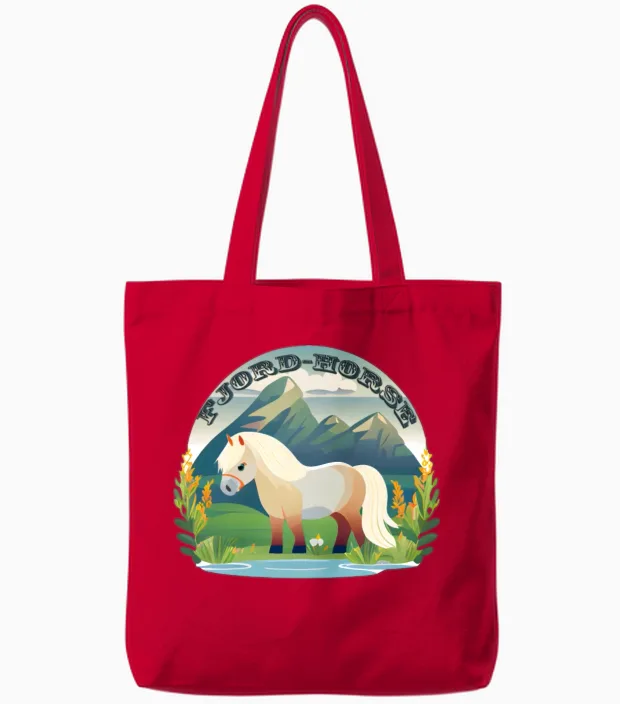Norwegian Fjord Horse on Grass- Horses Tote Bags in Red