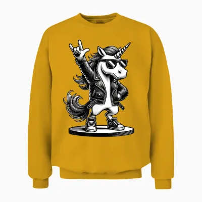 Rock Music & Heavy Metal Rocker, Funny Unicorn Rockhand T-Shirt, Black Unisex Sweatshirt - Gold