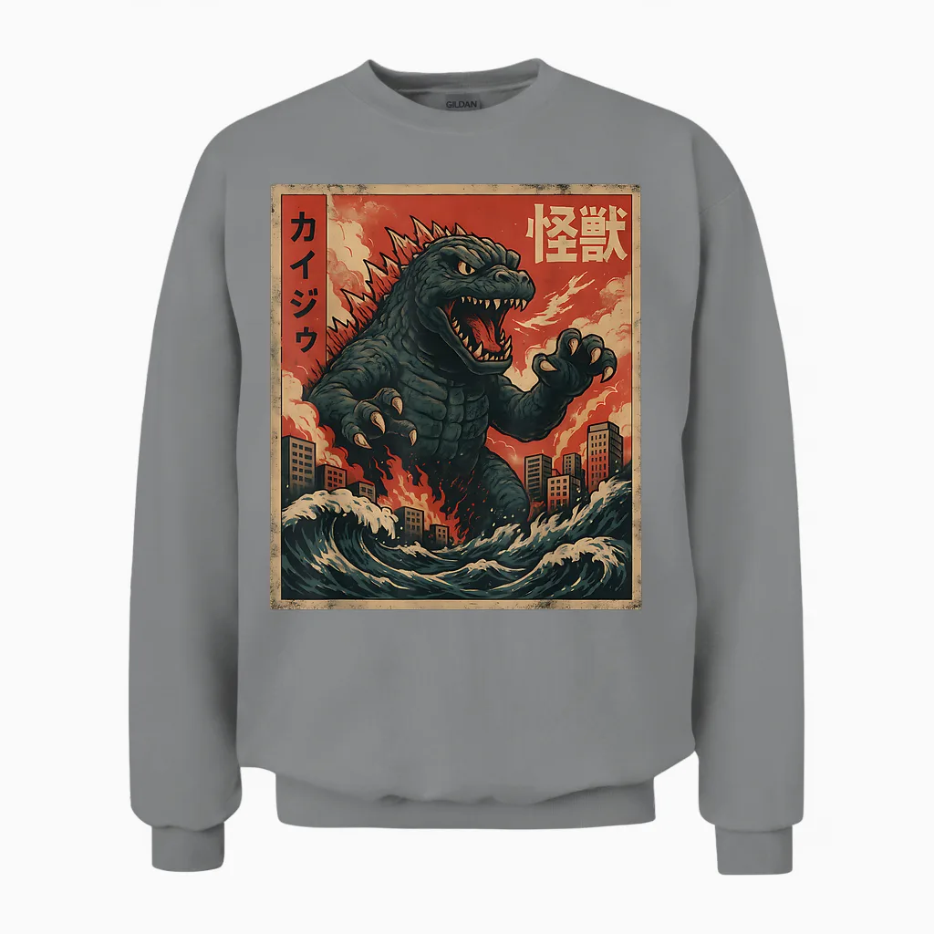 Kaiju Vintage Japanese Anime Art Retro Graphic Unisex Sweatshirt in Sport Grey