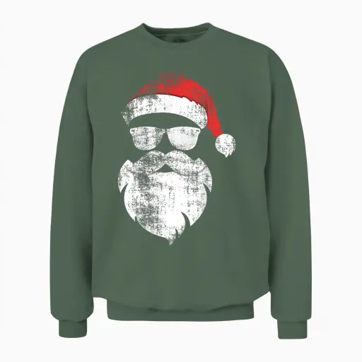 Funny Hipster Santa Face with Hat Beard & Glasses Christmas Unisex Sweatshirt - Military Green