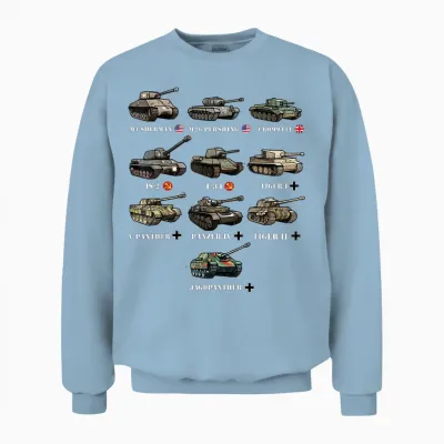 Ww2 Tanks M4 Sherman Panzer Iv Tiger Ii T-34 History Buff Unisex Sweatshirt - Light Blue
