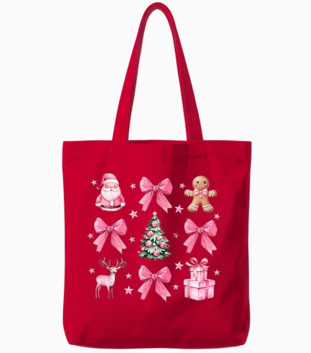 Cute Coquette Bow Pink Christmas Tree Santa Gingerbread Xmas Tote Bags in Red