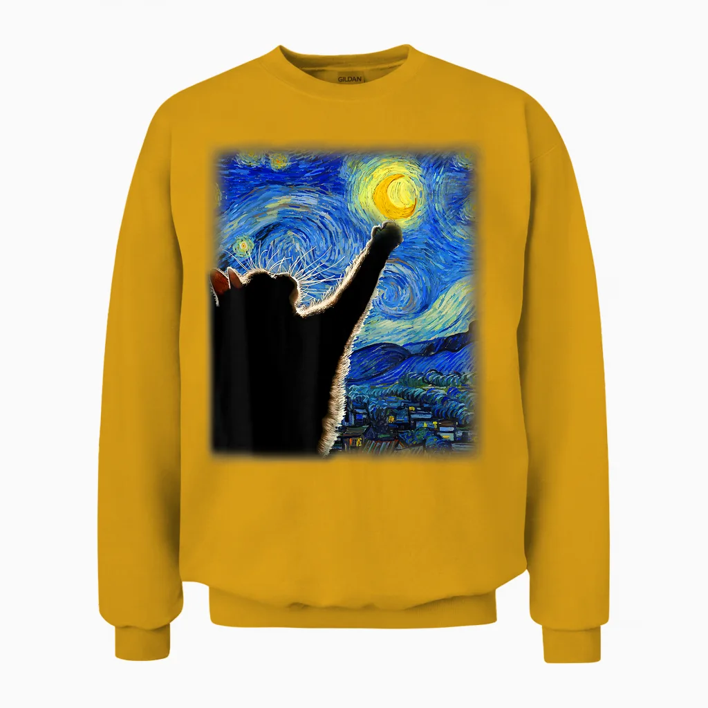 Van Gogh Starry Night Cat T-Shirt - Classic Fit, Cat Lover/mom/dad Gift, Black Crew Neck Unisex Sweatshirt in Gold