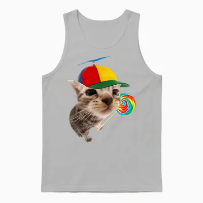 Silly Cat with Lollipop Meme T-Shirt, Black, S Unisex Tank Top - Ash