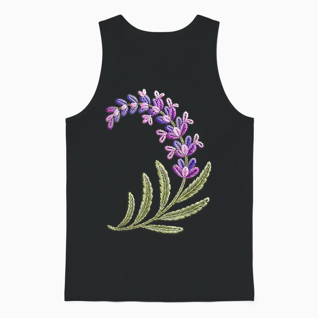 Stitches Embroidery Art Lavender Flowers Unisex Tank Top in Black