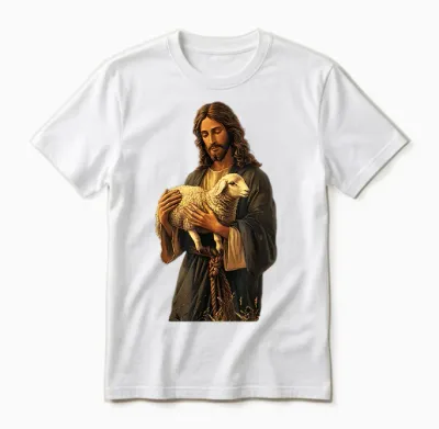 Friedliche Religiöse Darstellung Serener Jesus Mit Lamm Christliche Kunst T-Shirt Für Christen, Unisex, Weiß, S Unisex T-Shirt - White