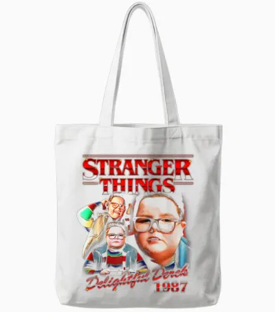 Stranger Things Delightful Derek 1987 Collage Montage Style Tote Bags - White