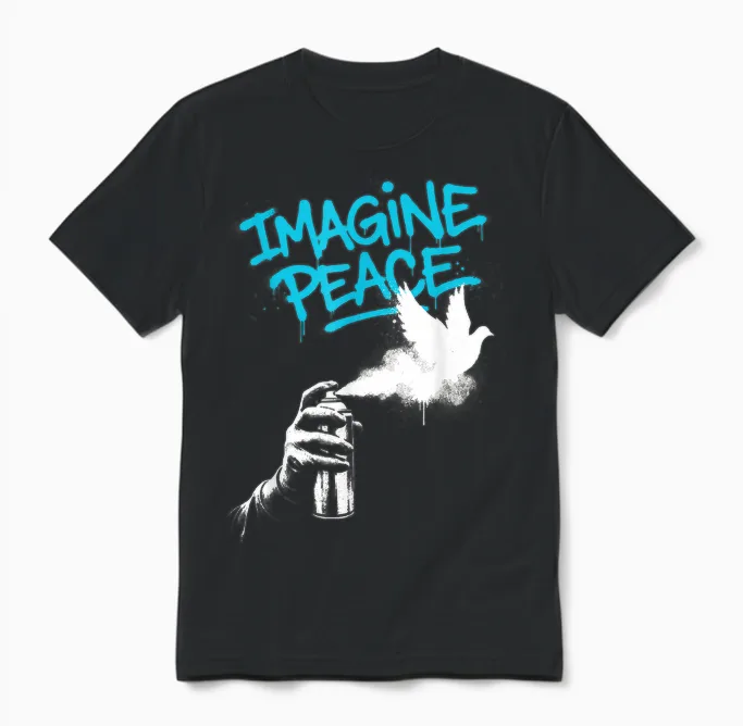 Imagine Peace Spray Paint Dove Urban Art Style Unisex T-Shirt in Black