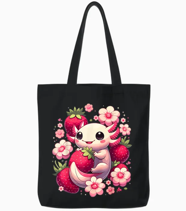 Cute Axolotl Kawaii Anime Axolotl Strawberry T-Shirt, Black, S Tote Bags in Black