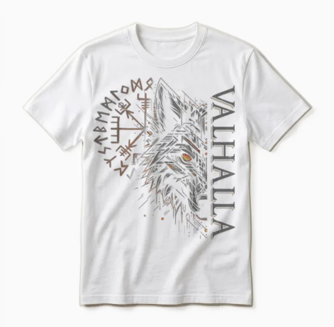 Valhalla Wolf Viking Compass with Odin Runes T-Shirt, Black, S Unisex T-Shirt in White