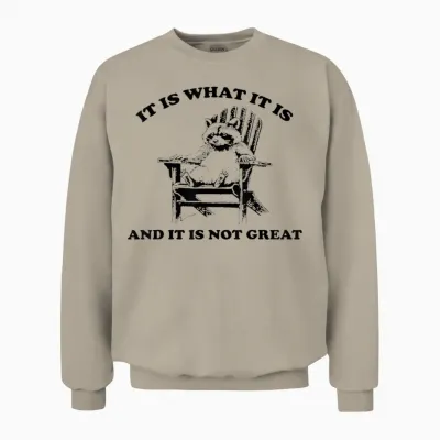 Funny Raccoon It Is What It Is and It Is Not Great T-Shirt, Gray Unisex Sweatshirt - Sand