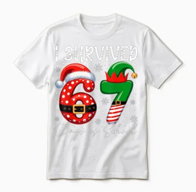 I Survived 67 Day of School Funny 67 Xmas Santa Elf Hat Meme Unisex T-Shirt - White