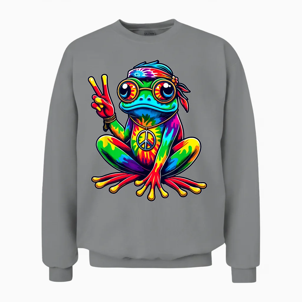 Hippie Tie-Dye Frog, 60s Party & 70s Costume, Peace Unisex Sweatshirt in Sport Grey