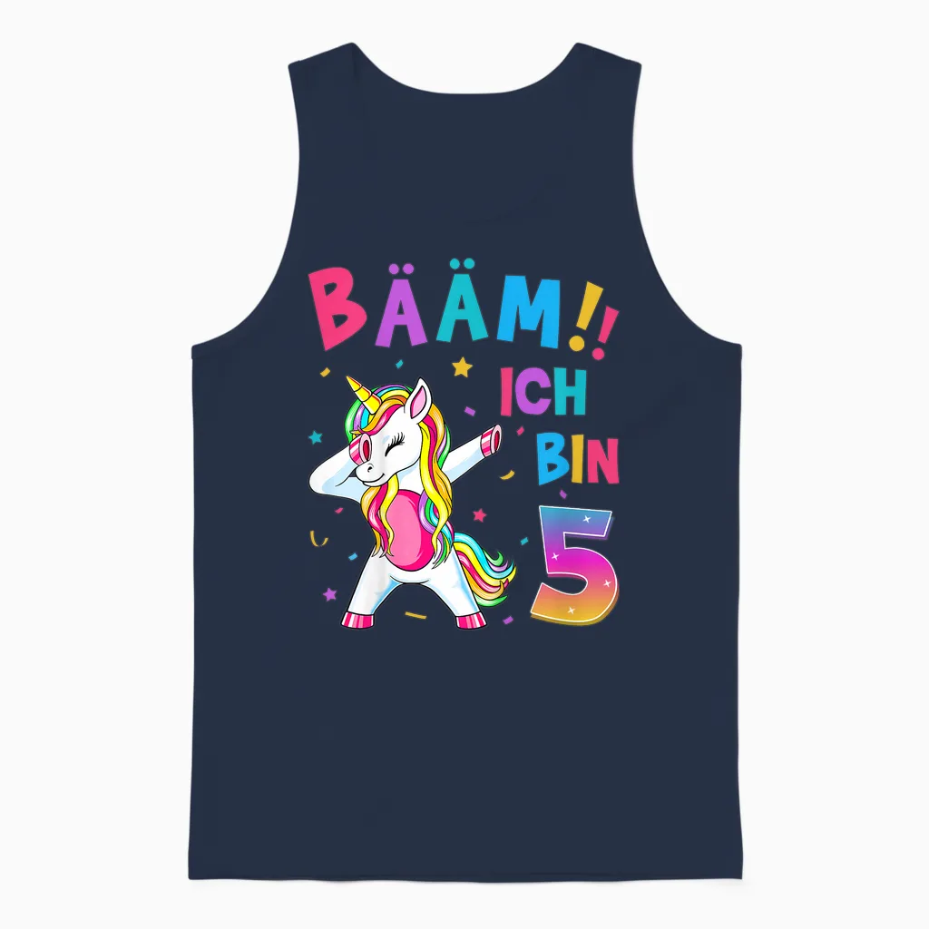 Children's 5th Birthday Girl 5 Years Old Dancing Funny Unicorn T-Shirt, Black Unisex Tank Top in Navy