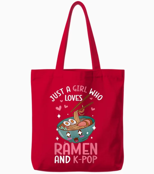 Just a Girl Who Loves Ramen and K-Pop Graphic Teen Girls Tote Bags in Red