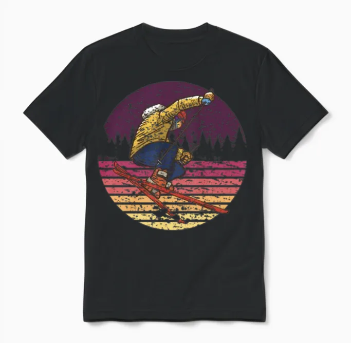 Skier Skiing Retro Unisex T-Shirt in Black