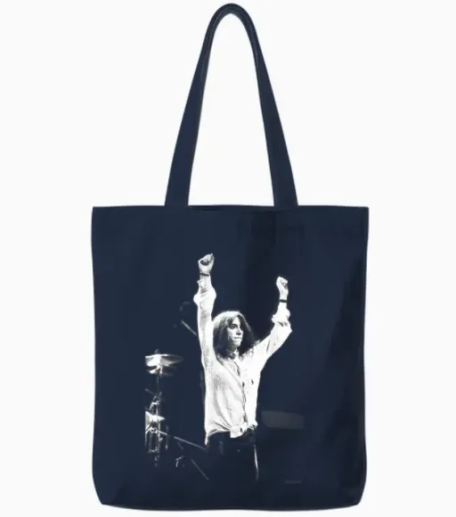 Singer Pattie Smith Live on Stage by Simon Fowler T-Shirt, Black, S Tote Bags - Navy
