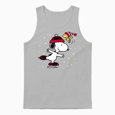 Peanuts Snoopy and Woodstock Skate Holiday Short Sleeve Unisex Tank Top - Ash