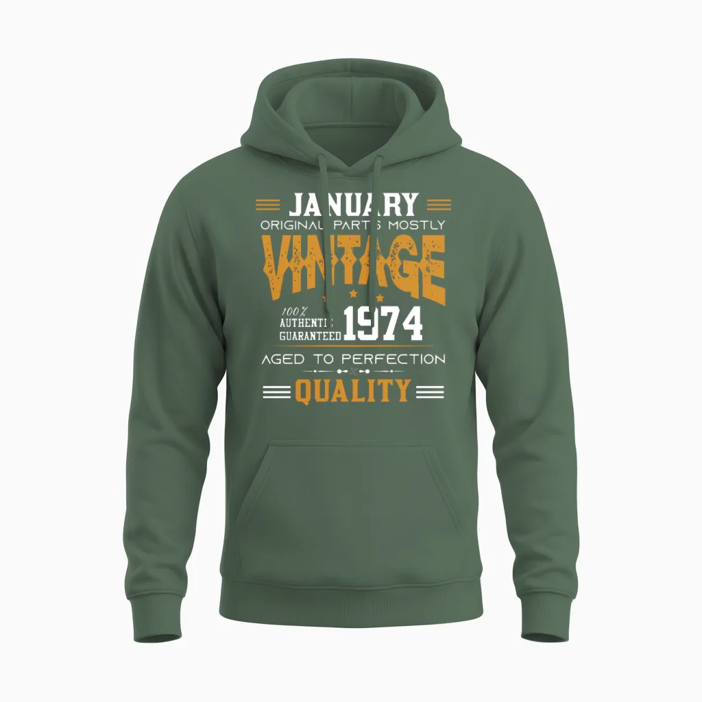 Vintage Aged to Perfection January 1974 Unisex Hoodie in Military Green