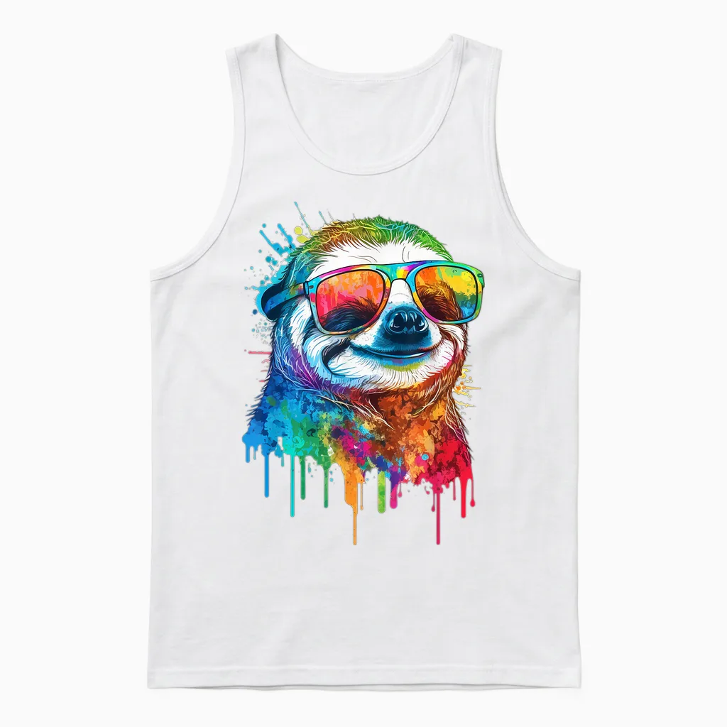 Artistic Colourful Pop Art Sloth Unisex Tank Top in White