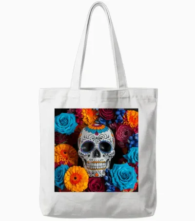 Mexican Skull Dia De Muertos Day of the Dead Floral T-Shirt, Black, S Tote Bags - White